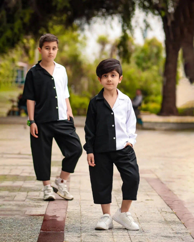 ست پیراهن شلوار سفید مشکی مدل باربد برند شیکسون - ست پسرانه شیکسون