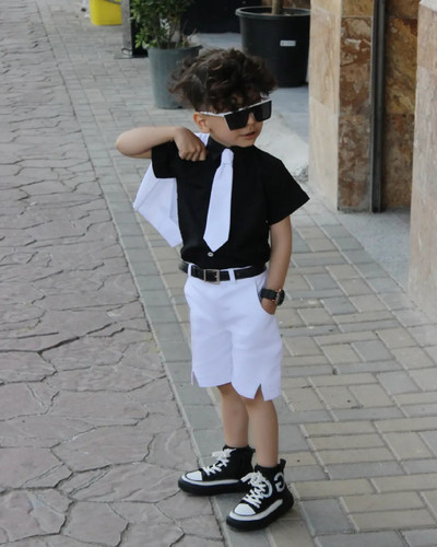 ست ۳ تکه پیراهن شلوارک و کراوات پسرانه مدل بردیا برند شیکسون